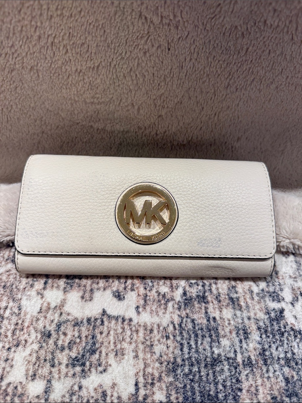 Michael Kors Cream Leather Continental Wallet with Gold MK Emblem